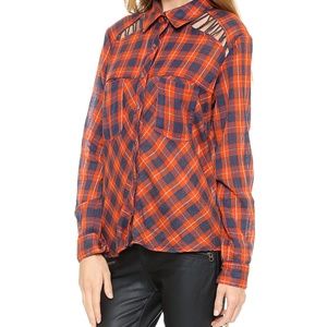 Women's Gauzy Plaid Lace Up Button Down Top